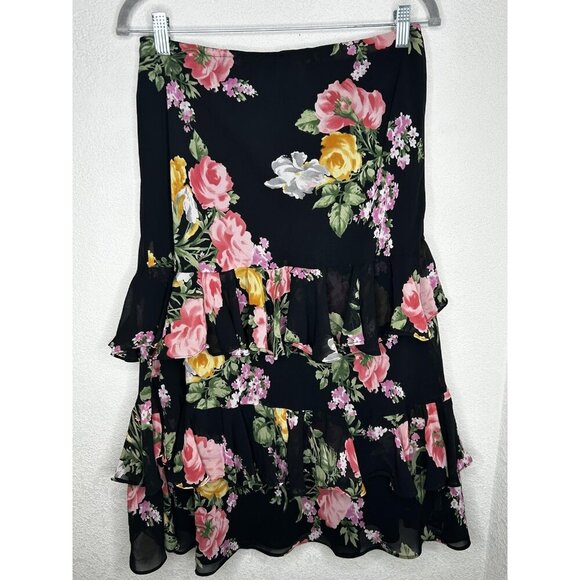 Chaps Skirt Womens Large Black Floral Ruffle Layered Midi Boho Dark Floral Fairy - Picture 1 of 7